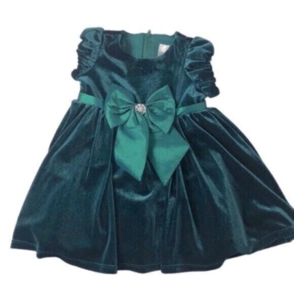 Rare Editions Baby Girl Green Velveteen Fancy Dressy Party Dress 18 Months - Picture 1 of 5